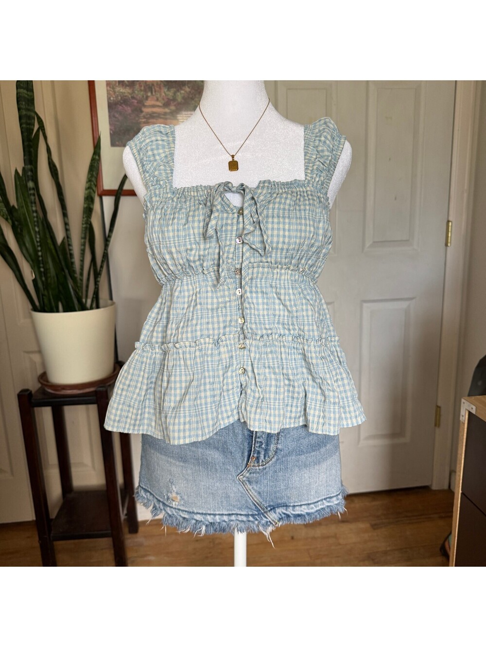 Light Blue and Cream Gingham Button-Up Ruffled Blouse